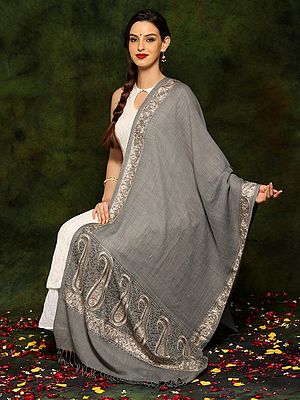 Grey Fine Woolen Shawl with Detailed Paisley Aari Embroidery Border and Palla