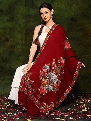 Maroon Pure Woolen Shawl All Over Floral Aari Embroidery Border
