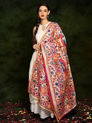 Light Golden Chanderi Phulkari Dupatta with Multicolored Floral Patterns