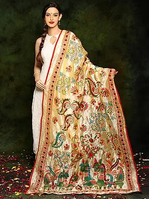 Light Golden Chanderi Phulkari Dupatta with Multicolored Traditional Motifs