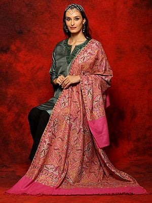 Pure Pashmina Sozni Jamawar All-Over Embroidery Rani-Pink Shawl