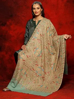 Aqua-Blue Pure Pashmina All-Over Sozni Multicolored Embroidery Shawl