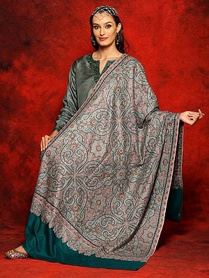 Teal-Blue Pure Pashmina Sozni Jamawar Embroidered Shawl