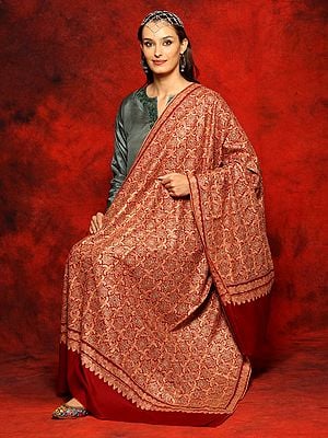 Red Pure Pashmina Sozni Jamawar Shawl with All-Over Embroidery