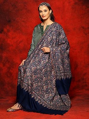 Dark-Blue Pure Pashmina Sozni Jamawar Embroidered Shawl