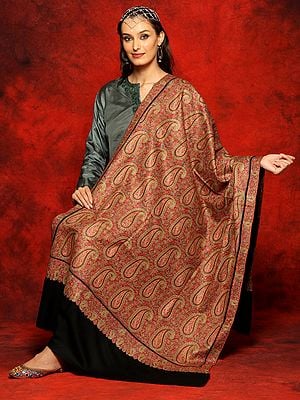 Pure Pashmina Black Papier Mache Jamawar Shawl with Kalka Embroidery