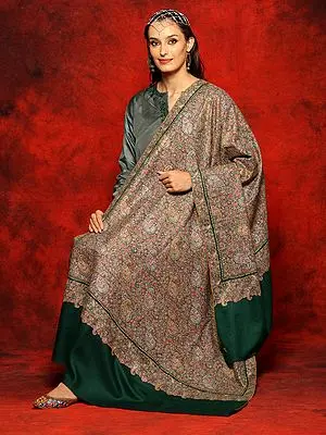 Pashmina Bottle-Green Papier Mache Jamawar Shawl with Floral Paisley Pattern Embroidery