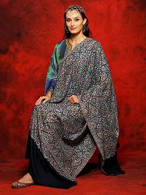 Pashmina Dark-Blue Papier Mache Jamawar Embroidered Shawl