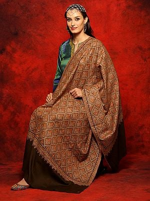 Brown Pure Pashmina Silk Sozni Jamawar Embroidered Shawl