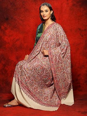 Pure Pashmina Off-White Papier Mache Multicolored Embroidery Jamawar Shawl