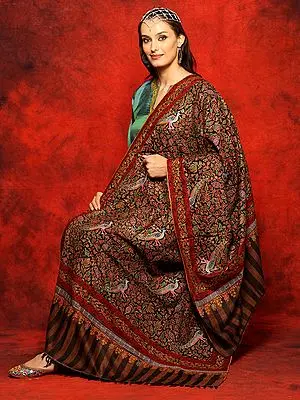Black Sozni Pure Pashmina Peacock-Floral Motif Embroidered Shawl