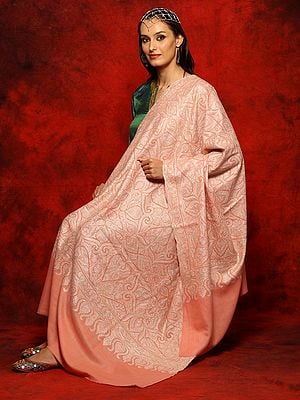 Peach Pure Pashmina Silk Sozni Jamawar Shawl With All-Over Embroidery