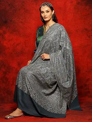 Pure Pashmina Greyish-Blue Paisley Pattern Embroidered Jamawar Shawl