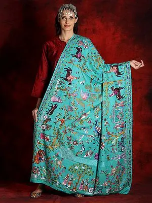 Kalamkari Sea-Green Pure Pashmina Shawl With Traditional Motif