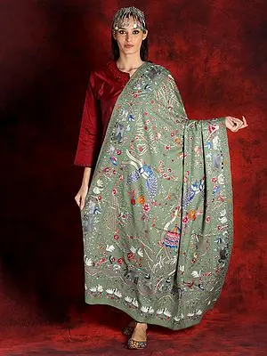 Olive-Green Traditional Pattern Kalamkari Pure Pashmina Shawl