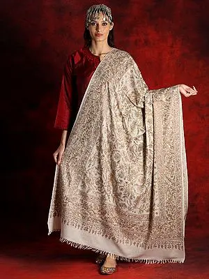 Kalamkari Cream Colored Pure Pashmina Shawl with All-Over Floral Pattern