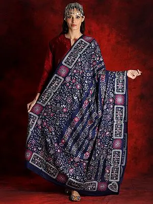 Kalamkari Blue Colored Pure Pashmina Floral Motif Shawl
