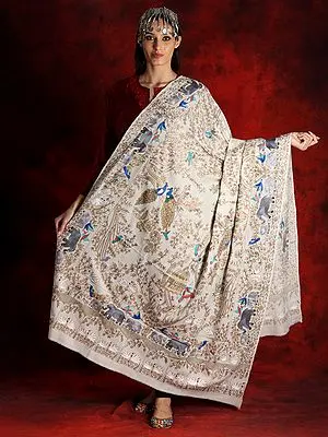 Kalamkari White Colored Pure Pashmina Shawl with Bird-Animal Motif