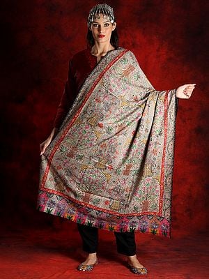 Kalamkari Grey Colored Pure Pashmina Shawl with Multicolored Thread Work