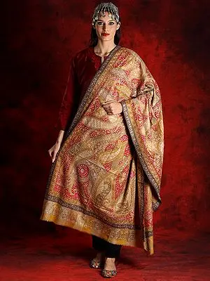 Kalamkari Mustard-Yellow Colored Pure Pashmina Shawl with Multicolored Bold Floral-Paisley Thread Embroidery