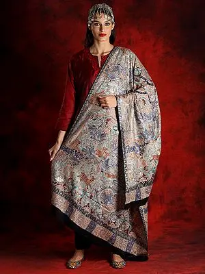 Kalamkari Natural Colored Pure Pashmina Shawl with Multicolored Thread Work Animal-Bird Motif
