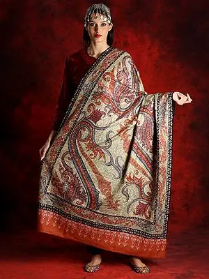 Kalamkari Tangerine Colored Pure Pashmina Shawl with Multicolored Thread Work