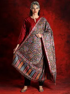 Pashmina Charcoal-Black Kani Shawl with Floral Vines Pattern
