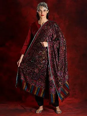 Pashmina Wine Colored Kani Shawl with Phool Bail Pattern