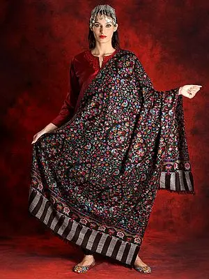 Pashmina Chocolate Colored Kani Shawl with Floral-Paisley Vine Pattern