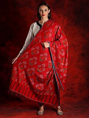 Pure Pashmina Red Colored Kani Shawl with Floral Butta Motif