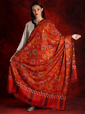 Pure Pashmina Saffron Colored Kani Shawl with Floral Vine Motifs