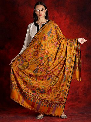 Pure Pashmina Phool Bial Pattern Mustard Colored Kani Shawl
