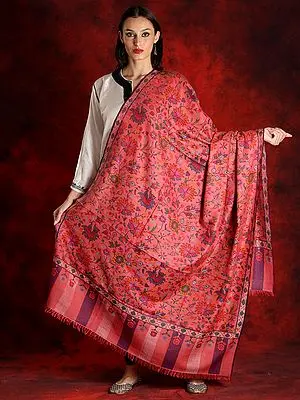 Rose-Pink Pure Pashmina Floral Pattern Kani Shawl