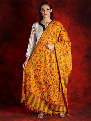 Pure Pashmina Sunny-Yellow Colored Kani Shawl with Paisley Motifs
