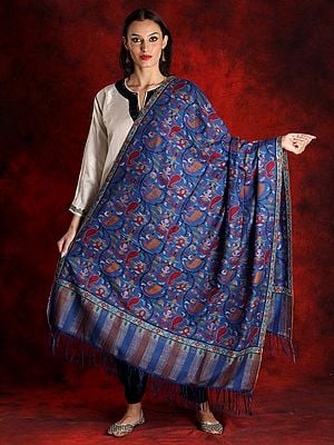 Pure Pashmina Kalka-Floral Motifs Royal-Blue Kani Shawl