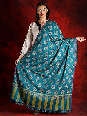 Pure Pashmina Teal-Blue Colored Kani Butti Shawl