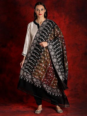 Black Colored Pure Pashmina Ikat Jaal Shawl