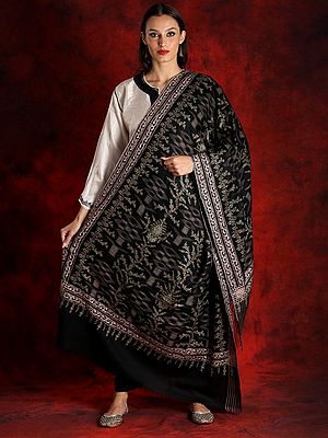 Pure Pashmina Jet-Black Colored Ikat Jaal Shawl