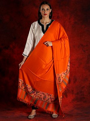 Pure Pashmina Orange Colored Kani Shawl with Palla