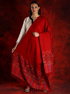 Pure Pashmina Blood-Red Colored Kani Shawl with Palla