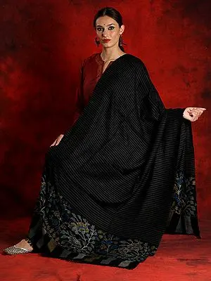 Pure Pashmina Black Colored Striped Kani Shawl with Palla