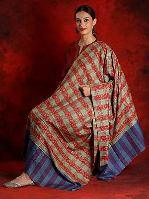 Pure Pashmina Check Sozni Jaal Shawl with Striped Palla