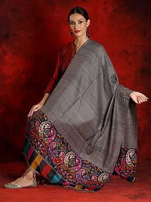Pure Pashmina Blue Colored Striped Pattern Kani Shawl with Floral Motif Palla