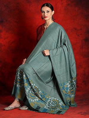 Pure Pashmina Pista-Green Striped Motif Kani Shawl With Floral Palla