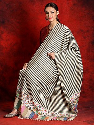 Pure Pashmina Striped Pattern Off-White Kani Shawl With Floral Motif Palla