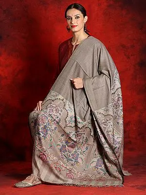 Pure Pashmina Natural Colored Kani Shawl with Mughal Motif Palla