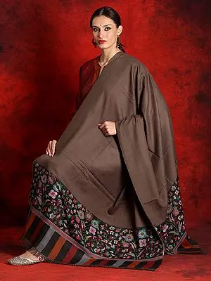 Dark-Grey Pure Pashmina Kani Shawl with Floral Palla