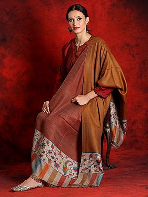 Pure Pashmina Golden-Brown Kani Reversible Shawl with Double Shaded Palla