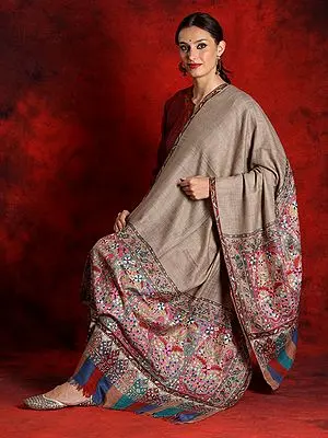 Pure Pashmina Light-Grey Kalamkari Shawl with Bold Kalka Motif Palla