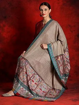 Pure Pashmina Natural Kalamkari Shawl with Paisley Pattern Palla